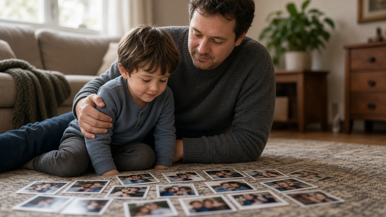 A father and child looking at family photographs together