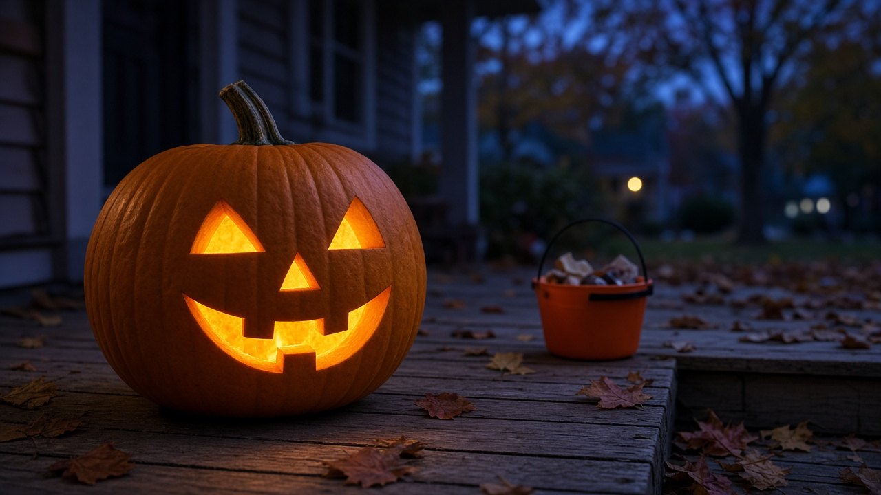 A pumpkin glowing on a porch at dusk