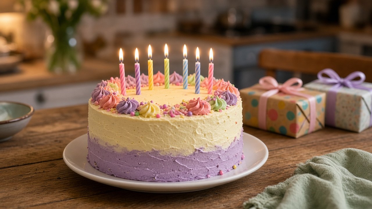 A birthday cake with lit candles on a kitchen table