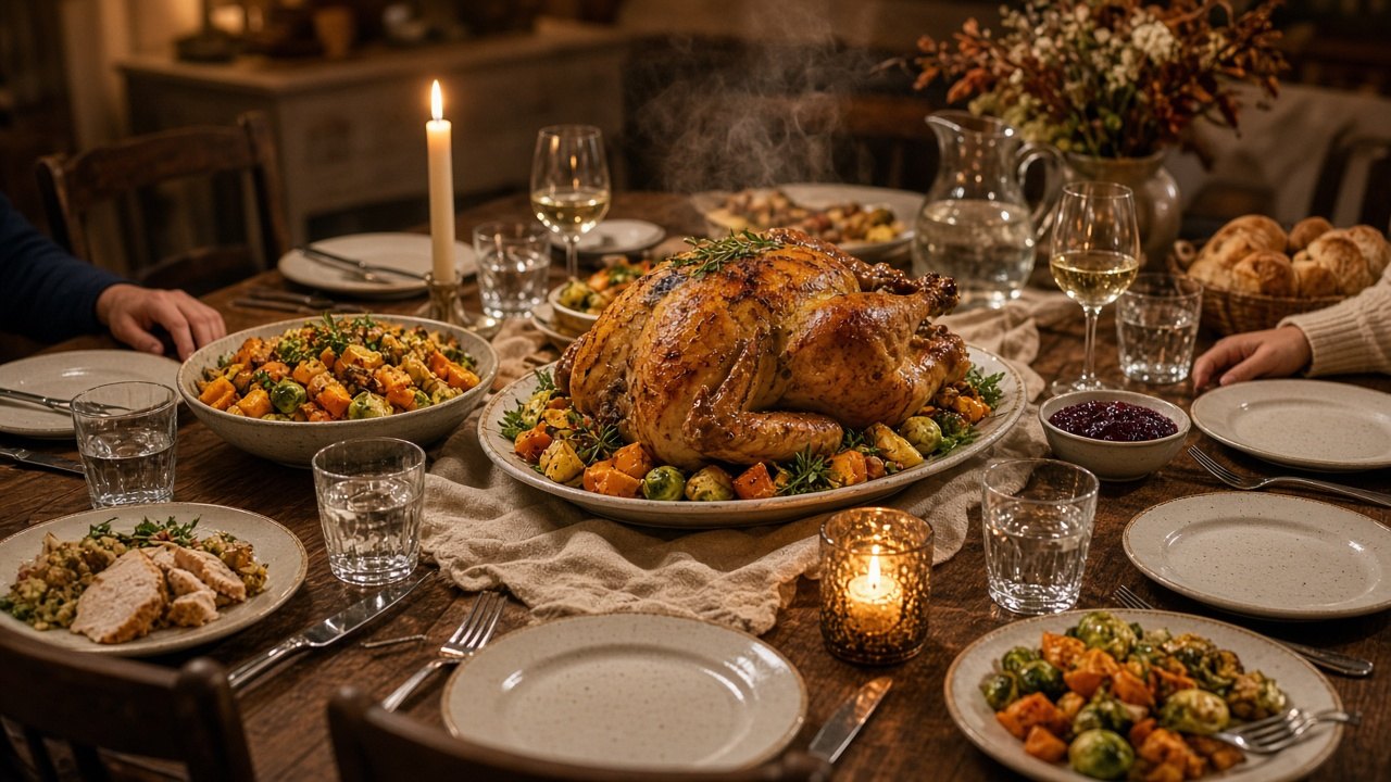 A Thanksgiving table set with roast turkey and autumn dishes